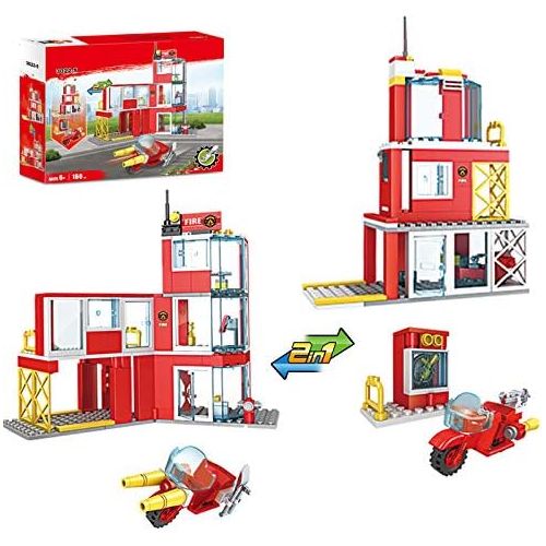  Olimond Toys 2-in-1 City Fire Station Building Set with Fire Motorcycle Fire Rescue Building Blocks Toys Fire Building Kit for Kids Aged 6 and up, 160pcs
