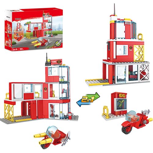  Olimond Toys 2-in-1 City Fire Station Building Set with Fire Motorcycle Fire Rescue Building Blocks Toys Fire Building Kit for Kids Aged 6 and up, 160pcs