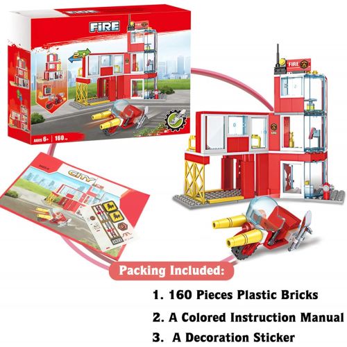  Olimond Toys 2-in-1 City Fire Station Building Set with Fire Motorcycle Fire Rescue Building Blocks Toys Fire Building Kit for Kids Aged 6 and up, 160pcs