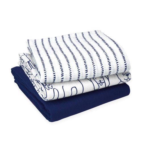  Oliver & Rain Navy/Dog/Dash Stripe Swaddle 3-Pack