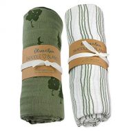 Oliver & Rain - Organic Cotton Muslin Green Stripe and Green Tree Print Swaddle Sampler, NB, 2-Pack