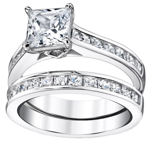  Oliveti Sterling Silver Princess Cut Engagement Ring Bridal Set with Cubic Zirconia - Clear by Oliveti