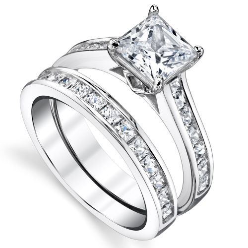  Oliveti Sterling Silver Princess Cut Engagement Ring Bridal Set with Cubic Zirconia - Clear by Oliveti