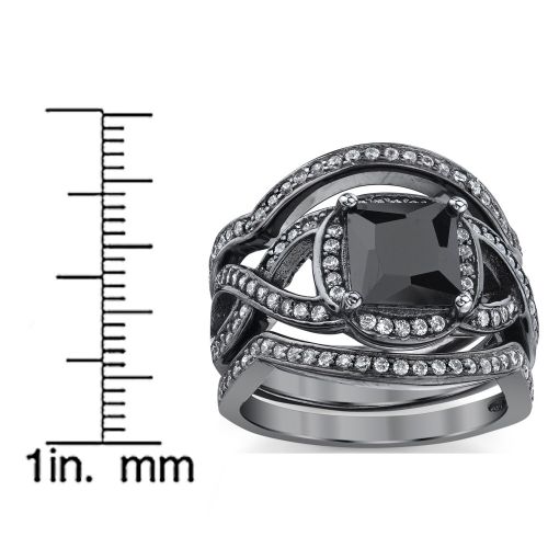  Oliveti Black Rhodium Sterling Silver Engagement Ring Bands, Bridal set Black Princess Cubic Zirconia by Oliveti
