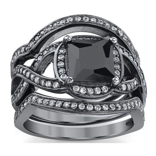  Oliveti Black Rhodium Sterling Silver Engagement Ring Bands, Bridal set Black Princess Cubic Zirconia by Oliveti