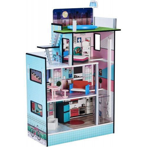  Olivias Little World Teamson Kids - Dreamland Barcelona Wooden Pretend Play Doll House Dollhouse for 3.5 Doll with 10 Pieces of Furniture- Blue / White / Pink