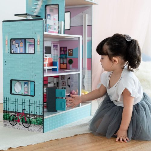  Olivias Little World Teamson Kids - Dreamland Barcelona Wooden Pretend Play Doll House Dollhouse for 3.5 Doll with 10 Pieces of Furniture- Blue / White / Pink