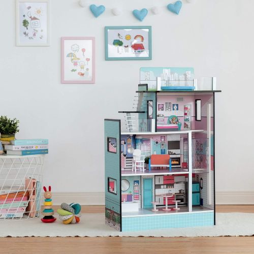  Olivias Little World Teamson Kids - Dreamland Barcelona Wooden Pretend Play Doll House Dollhouse for 3.5 Doll with 10 Pieces of Furniture- Blue / White / Pink