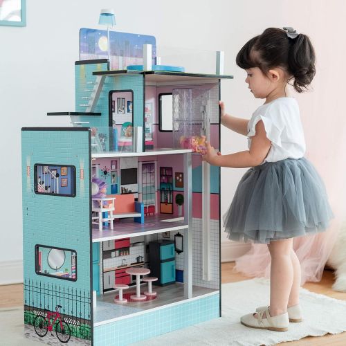  Olivias Little World Teamson Kids - Dreamland Barcelona Wooden Pretend Play Doll House Dollhouse for 3.5 Doll with 10 Pieces of Furniture- Blue / White / Pink