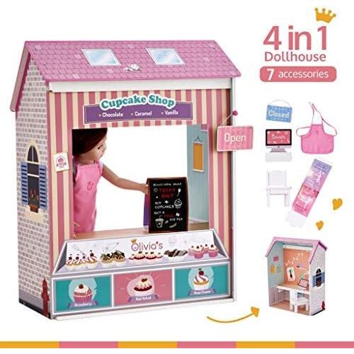  Olivias Little World TD-12641C Convertible Wooden Play House | 4 Scenes Dollhouse with 7 Accessories Classic 18 Doll