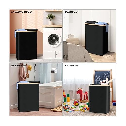  Ollieroo Laundry Hamper with Lid,Collapsible Laundry Basket,160L Large Capacity Laundry Bin with Handles, 2 Section Laundry Sorter with Removable Bags for Bathroom,Bedroom,Laundry Room,Black