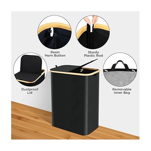  Ollieroo Laundry Hamper with Lid,Collapsible Laundry Basket,160L Large Capacity Laundry Bin with Handles, 2 Section Laundry Sorter with Removable Bags for Bathroom,Bedroom,Laundry Room,Black