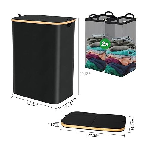  Ollieroo Laundry Hamper with Lid,Collapsible Laundry Basket,160L Large Capacity Laundry Bin with Handles, 2 Section Laundry Sorter with Removable Bags for Bathroom,Bedroom,Laundry Room,Black