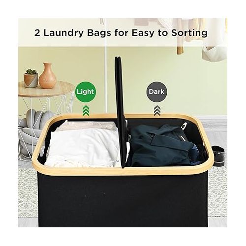  Ollieroo Laundry Hamper with Lid,Collapsible Laundry Basket,160L Large Capacity Laundry Bin with Handles, 2 Section Laundry Sorter with Removable Bags for Bathroom,Bedroom,Laundry Room,Black