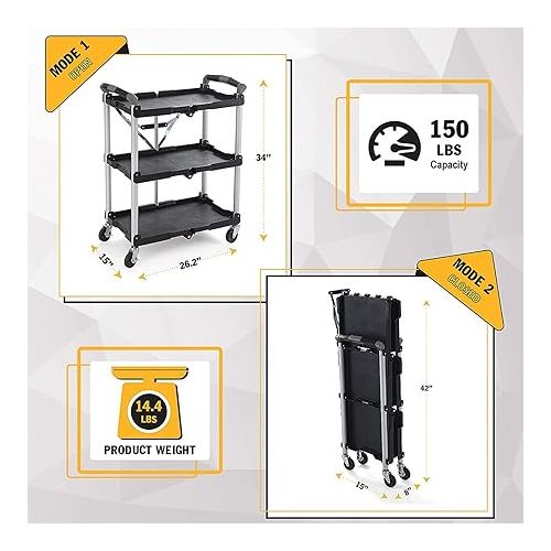  Olympia Tools 85-188 Pack-N-Roll Folding Collapsible Service Cart, Black, 50 Lb. Load Capacity per Shelf