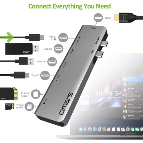  USB C Hub Adapter, 7 in 1 Dual Type-C Docking Station Omars Thunderbolt 3 USB C Adapter, 4K HDMI, 100W USB-C Power Delivery, 3 x USB 3.0, SDMicro SD Card Reader for MacBook Pro 20