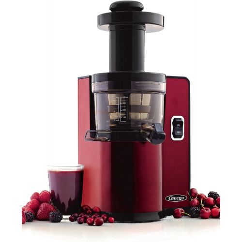  Omega Juicer Vertical Slow Masticating Juice Extractor 43 RPM Compact Design with Automatic Pulp Ejection, 150-Watt, Red