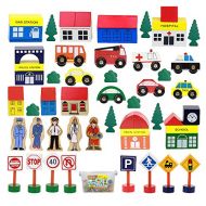 On Track USA Wooden Train Set Accessories, Modern City Town 50 Piece Train Track and Railroad Accessories Set, Comes in A Clear Container, for Kids Boys and Girls, Compatible with