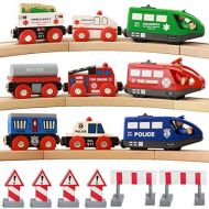 On Track USA Wooden Train Set Battery Operated Action Rescue Trains Includes 3 Magnetic Motorized Engines and 6 Cars, Compatible with Wooden Train Tracks From All Major Brands (Bat