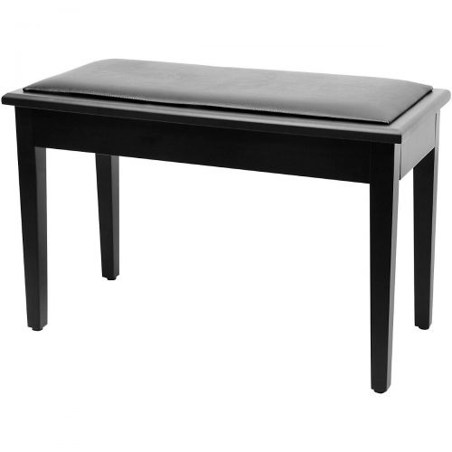  On-Stage},description:A beautiful black satin finish and smooth soft vinyl give this affordable bench a classic look. The hinged cushioned seat lifts to reveal a large compartment