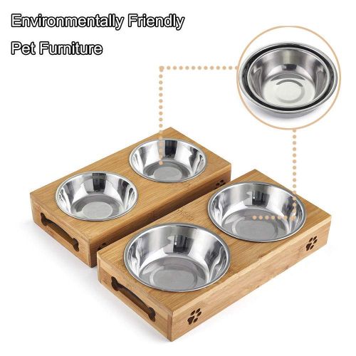  Oncpcare Cat Feeder Natural Wooden Bracket Dog Water Bowls Avoid Spilling Feeding Shelf Cat Food Bowl for Puppy, Cats and Other Little and Medium Animals