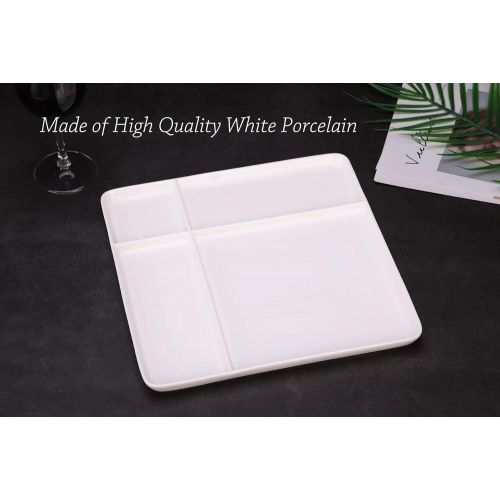  One Goods-1 Ceramic Divided Plate with Bamboo Cutting Board - Cheese Board Salad Plate Dinner Plate Cake Plate - Gift Idea - Great Use as Any Occasion (White)