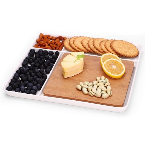  One Goods-1 Ceramic Divided Plate with Bamboo Cutting Board - Cheese Board Salad Plate Dinner Plate Cake Plate - Gift Idea - Great Use as Any Occasion (White)