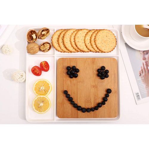  One Goods-1 Ceramic Divided Plate with Bamboo Cutting Board - Cheese Board Salad Plate Dinner Plate Cake Plate - Gift Idea - Great Use as Any Occasion (White)