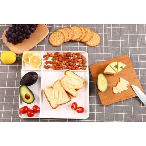  One Goods-1 Ceramic Divided Plate with Bamboo Cutting Board - Cheese Board Salad Plate Dinner Plate Cake Plate - Gift Idea - Great Use as Any Occasion (White)