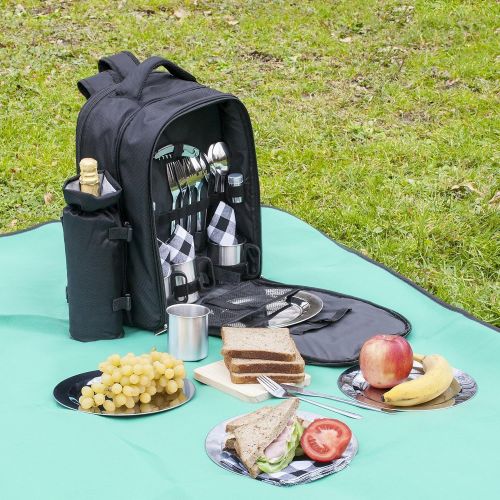  One Savvy Girl Picnic Backpack for 4 with Premium Stainless Steel Tableware - Complete 4 Person Picnic Basket Set w/Blanket, Insulated Food Cooler Bag, Wine Opener, Cheese Board, N