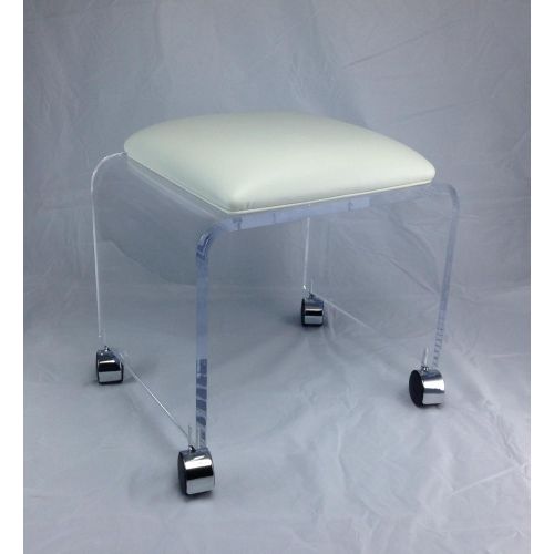  One Stop Plastic Shop Clear Acrylic Vanity Bench with White Vinyl Cushion and Chrome Casters