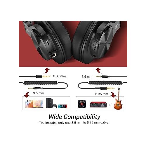  OneOdio A70 Bluetooth Over Ear Headphones, Wireless Headphones w/ 72H Playtime, Hi-Res, 3.5mm/6.35mm Wired Audio Jack for Studio Monitor & Mixing DJ Guitar AMP, Computer Laptop PC Tablet - Red