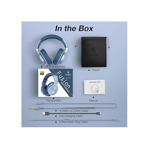  OneOdio A70 Bluetooth Over Ear Headphones, Wireless Headphones w/ 72H Playtime, Hi-Res, 3.5mm/6.35mm Wired Audio Jack for Studio Monitor & Mixing DJ Guitar AMP, Computer Laptop PC Tablet - Sky Blue