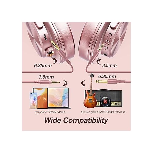  OneOdio A70 Bluetooth Over Ear Headphones, Wireless Headphones w/ 72H Playtime, Hi-Res, 3.5mm/6.35mm Wired Audio Jack for Studio Monitor & Mixing DJ Guitar AMP, Computer Laptop PC Tablet - Rose Gold