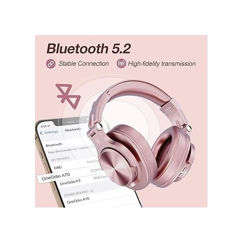  OneOdio A70 Bluetooth Over Ear Headphones, Wireless Headphones w/ 72H Playtime, Hi-Res, 3.5mm/6.35mm Wired Audio Jack for Studio Monitor & Mixing DJ Guitar AMP, Computer Laptop PC Tablet - Rose Gold