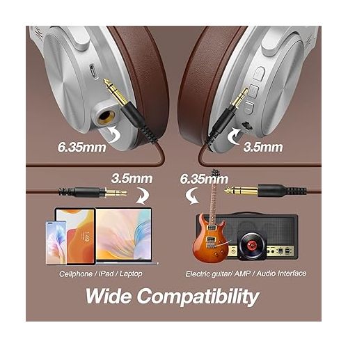  OneOdio A70 Bluetooth Over Ear Headphones, Wireless Headphones w/ 72H Playtime, Hi-Res, 3.5mm/6.35mm Wired Audio Jack for Studio Monitor & Mixing DJ E-Guitar AMP, Computer Laptop PC Tablet - Silver
