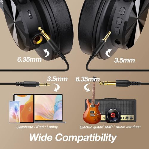  OneOdio A70 Bluetooth Over Ear Headphones, Wireless Headphones with 72H Playtime, Shareport, Foldable, 3.5mm/6.35mm Stereo Jack for Guitar Amp Computer PC Tablet Home Office Travel