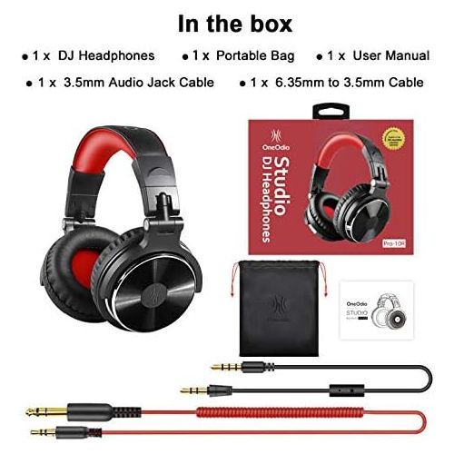  OneOdio Over Ear Headphone, Wired Bass Headsets with 50mm Driver, Foldable Lightweight Headphones with Shareport and Mic for Recording Monitoring Podcast Guitar PC TV - (Red)