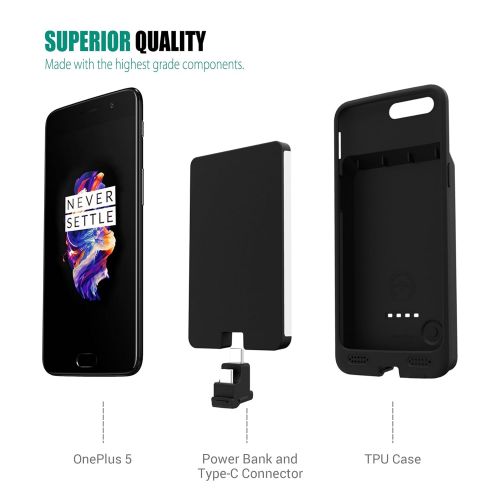  ZEROLEMON OnePlus 5 Battery Case, ZeroLemon Ultra Power OnePlus 5 8000mAh Extended Battery with Soft TPU Full Edge Protection Case(NOT for OnePlus 5T)  Black
