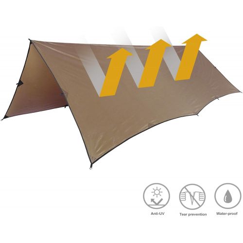  OneTigris Bulwark Camping Tarp, 100% Waterproof Bushcraft Shelter, SilNylon Lightweight Hammock Rain Fly Portable Anti UV Large 12.8ft x 9.5ft