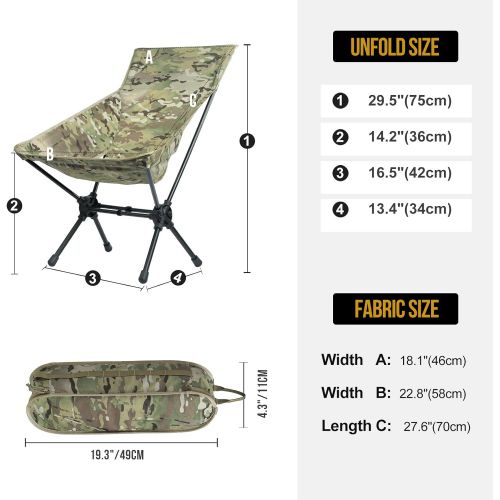  OneTigris Multicam Camping Backpacking Chair High Back, 330 lbs Capacity, Lightweight Compact Portable Folding Chair for Hiking Travel Beach Picnic