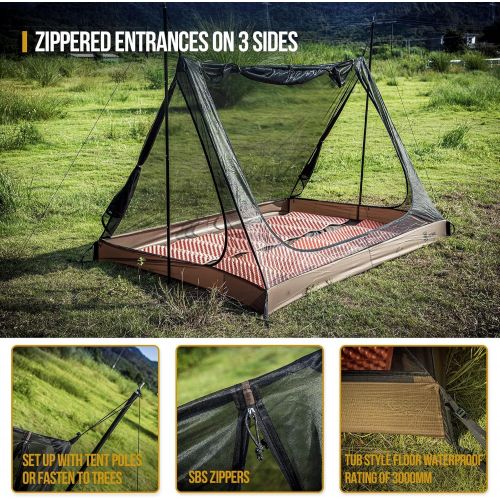  OneTigris 2 Person Mesh Tent, 3 Openings Screen Shelter with Waterproof Bathtub Floor for Outdoors Camping Lightweight Backpacking Thru-Hiking Travel Patio