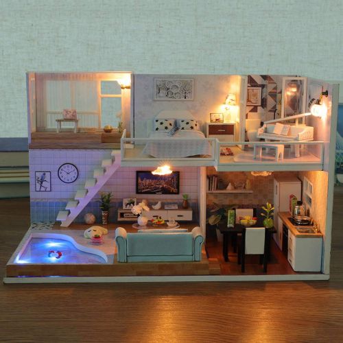  Onegirl toys Onegirl DIY Miniature Dollhouse Wooden Furniture Kit,Handmade Mini Modern Apartment Model with Dust Cover & Music Box ,1:24 Scale Creative Doll House Toys for Children Gift (B(Dust