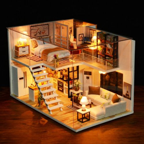  Onegirl toys Onegirl DIY Miniature Dollhouse Wooden Furniture Kit,Handmade Mini Plus Duplex Apartment Home Model Tools&Music Box ,1:24 Scale 3D Puzzle Creative Doll House Toys Children Gift (B(