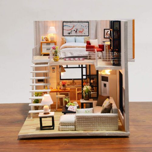  Onegirl toys Onegirl DIY Miniature Dollhouse Wooden Furniture Kit,Handmade Mini Plus Duplex Apartment Home Model Tools&Music Box ,1:24 Scale 3D Puzzle Creative Doll House Toys Children Gift (B(