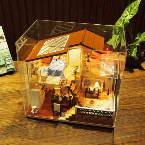  Onegirl toys Onegirl Dollhouse Miniature with Furniture, Wooden DIY Dollhouse Kit Plus Dust Proof Cover,Creative Room for Decorate Creative Gift Best Birthday Gifts for Kids (A)