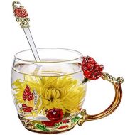ONEPENG Flower Tea Cups with Spoon，Glass Coffee Mugs，Enamel Handmade Unique Butterfly Rose，Tea Mugs for Women,Gifts Ideas for Women(Rose-Red-Short)