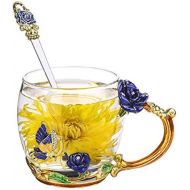 [아마존베스트]ONEPENG Flower Tea Cups with Spoon，Glass Coffee Mugs，Enamel Handmade Unique Butterfly Rose，Tea Mugs for Women,Gifts Ideas for Women(Rose-Blue-Short)