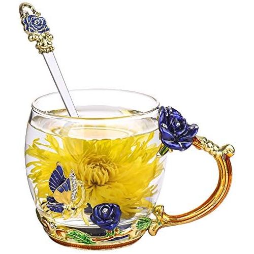  [아마존베스트]ONEPENG Flower Tea Cups with Spoon，Glass Coffee Mugs，Enamel Handmade Unique Butterfly Rose，Tea Mugs for Women,Gifts Ideas for Women(Rose-Blue-Short)