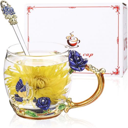  [아마존베스트]ONEPENG Flower Tea Cups with Spoon，Glass Coffee Mugs，Enamel Handmade Unique Butterfly Rose，Tea Mugs for Women,Gifts Ideas for Women(Rose-Blue-Short)